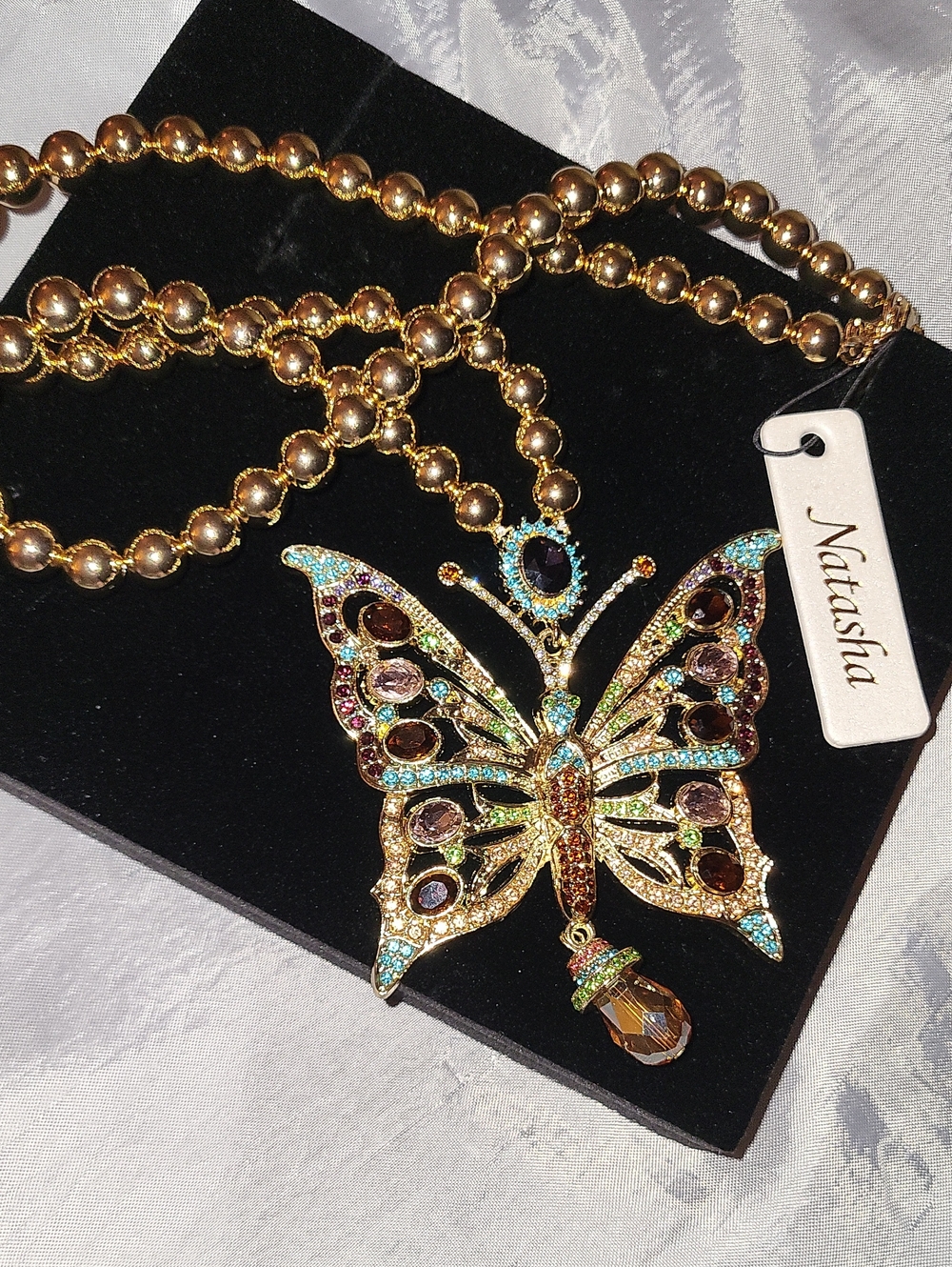 Natasha Couture Gold Crystal Multicolor Butterfly Pendant Necklace HL